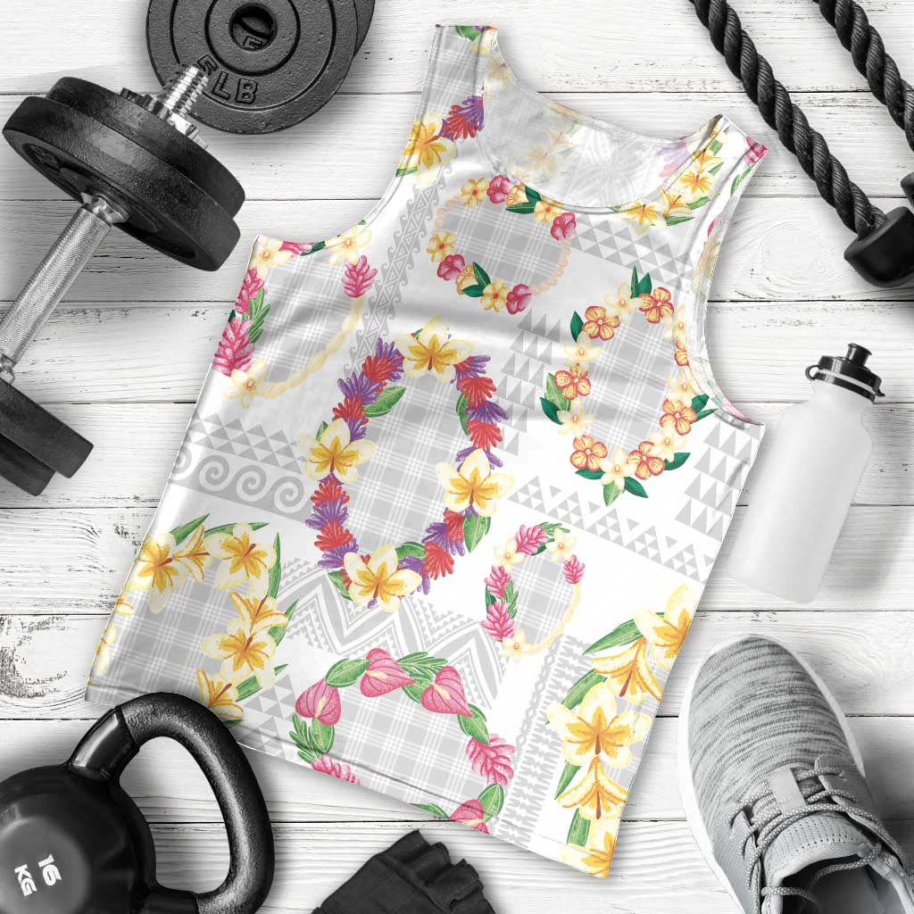 Hawaiian Kakau Tattoo Leis and Palaka Pattern Men Tank Top Traditional Aloha Tribal White Color LT03 - Polynesian Pride