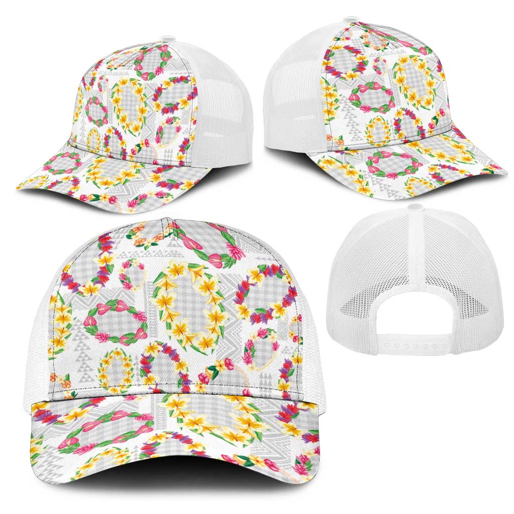 Hawaiian Kakau Tattoo Leis and Palaka Pattern Mesh Trucker Cap Traditional Aloha Tribal White Color LT03 - Polynesian Pride