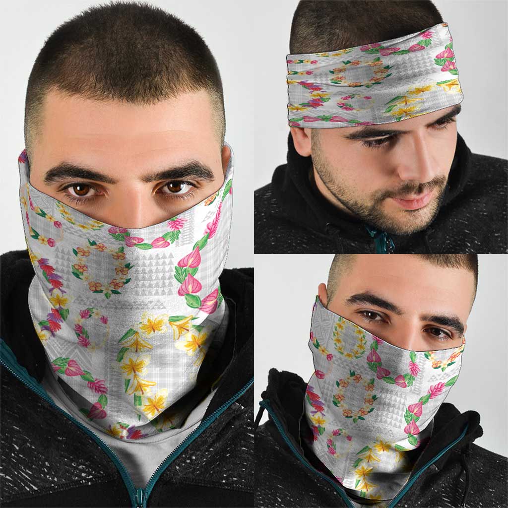 Hawaiian Kakau Tattoo Leis and Palaka Pattern Neck Gaiter Traditional Aloha Tribal White Color