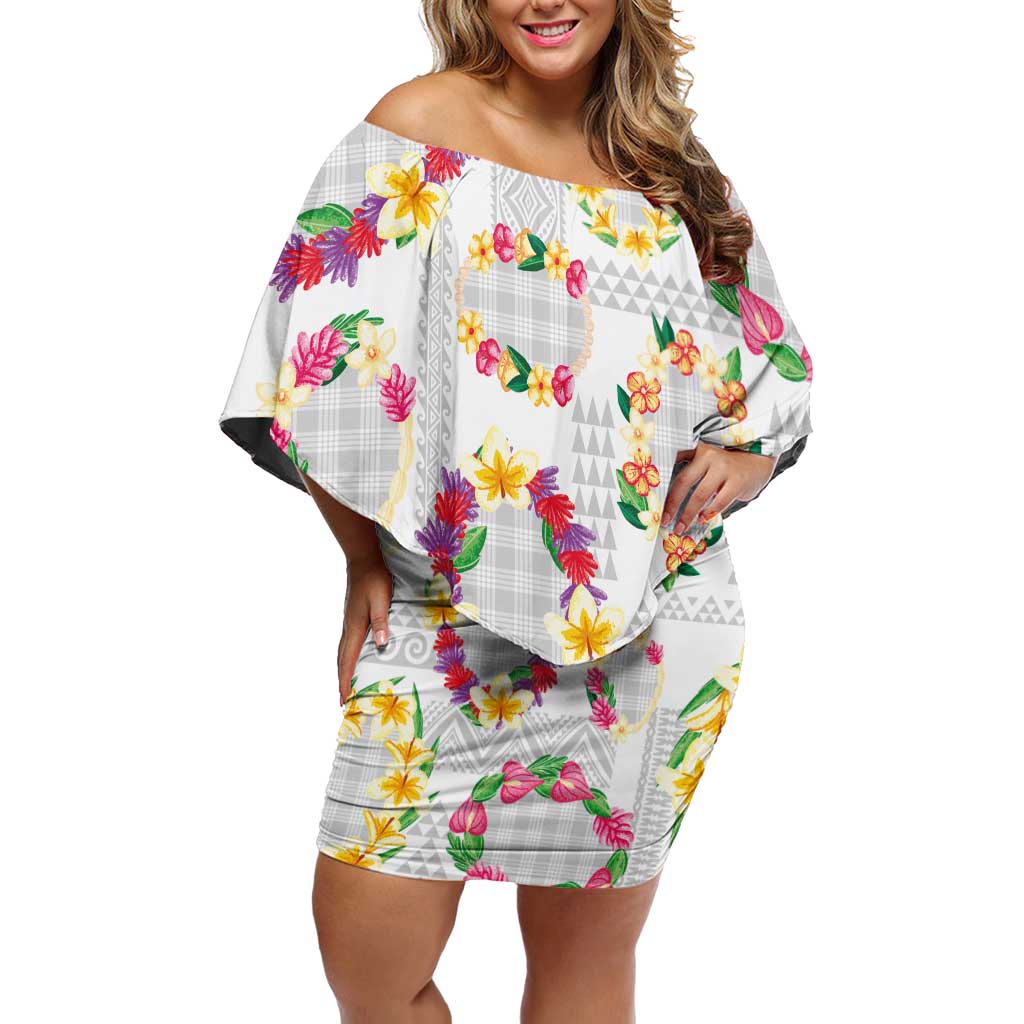 Hawaiian Kakau Tattoo Leis and Palaka Pattern Off Shoulder Short Dress Traditional Aloha Tribal White Color