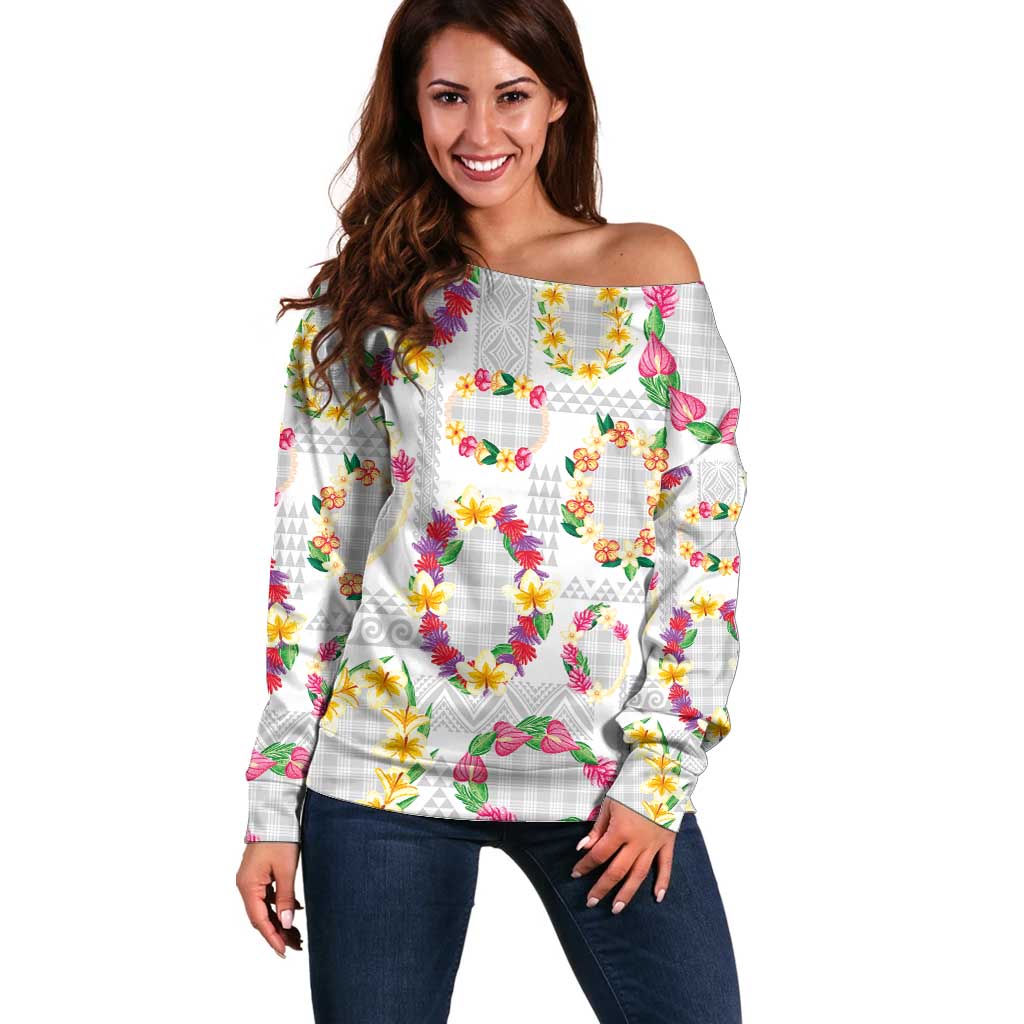 Hawaiian Kakau Tattoo Leis and Palaka Pattern Off Shoulder Sweater Traditional Aloha Tribal White Color LT03 Women White - Polynesian Pride