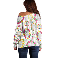 Hawaiian Kakau Tattoo Leis and Palaka Pattern Off Shoulder Sweater Traditional Aloha Tribal White Color LT03 - Polynesian Pride