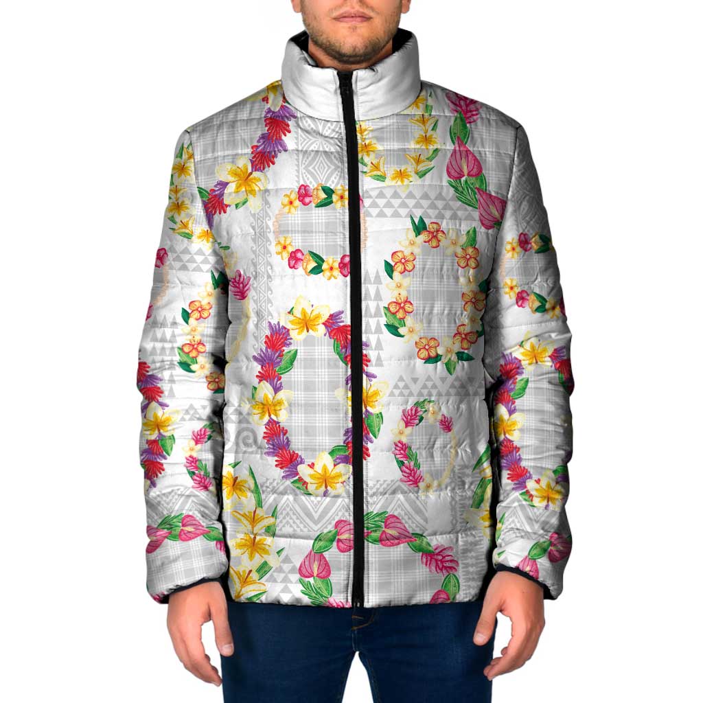 Hawaiian Kakau Tattoo Leis and Palaka Pattern Padded Jacket Traditional Aloha Tribal White Color LT03 Men White - Polynesian Pride