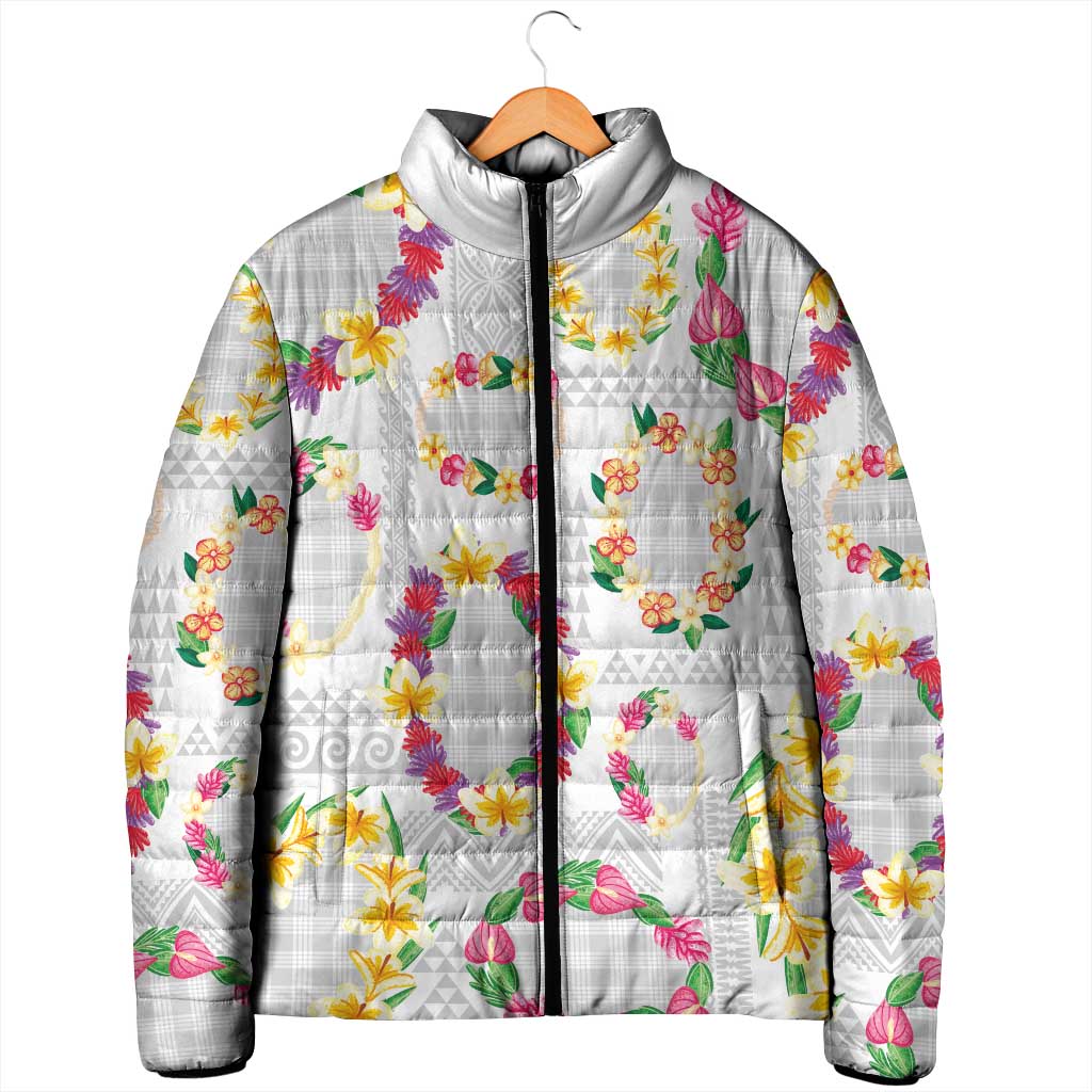 Hawaiian Kakau Tattoo Leis and Palaka Pattern Padded Jacket Traditional Aloha Tribal White Color LT03 - Polynesian Pride