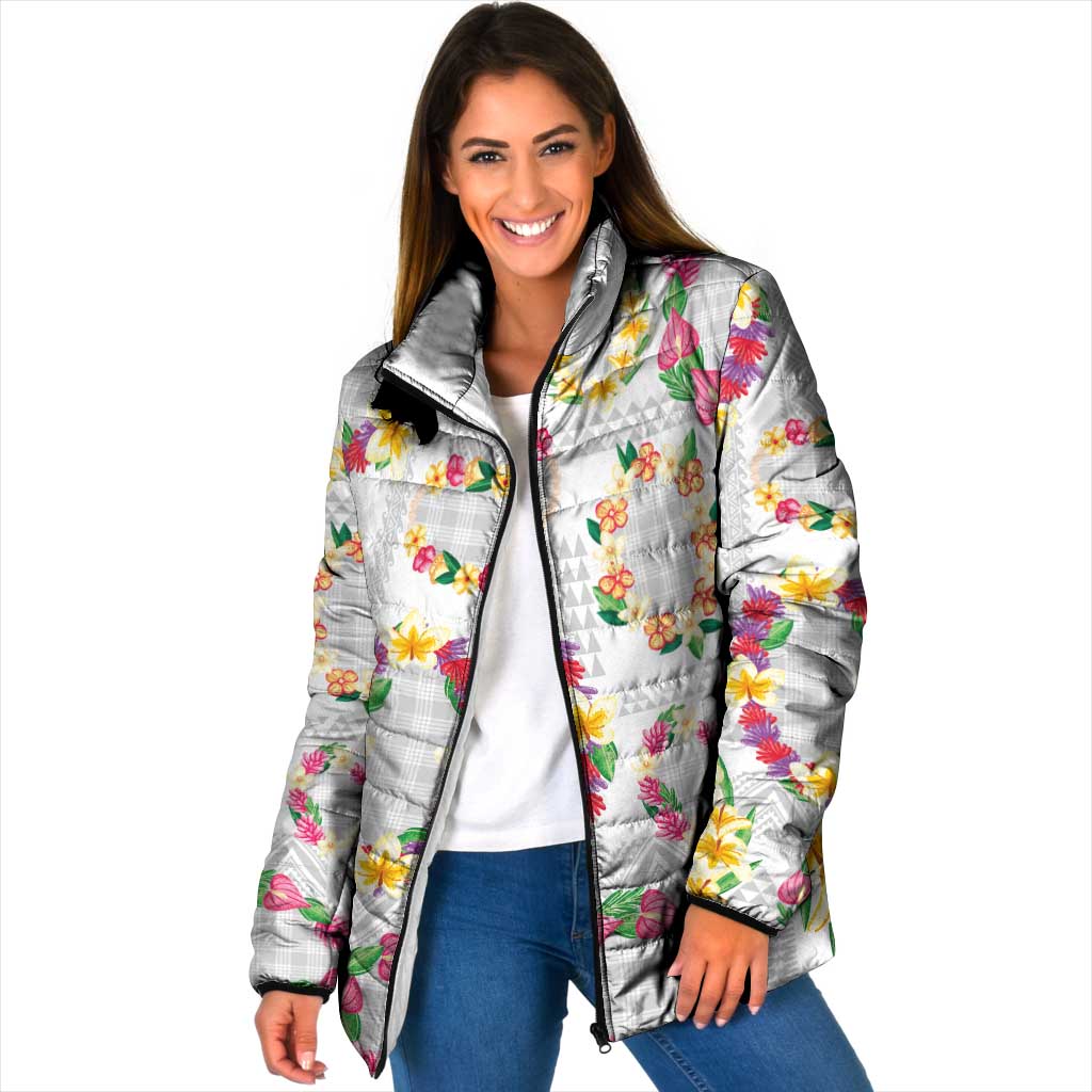 Hawaiian Kakau Tattoo Leis and Palaka Pattern Padded Jacket Traditional Aloha Tribal White Color LT03 Women White - Polynesian Pride