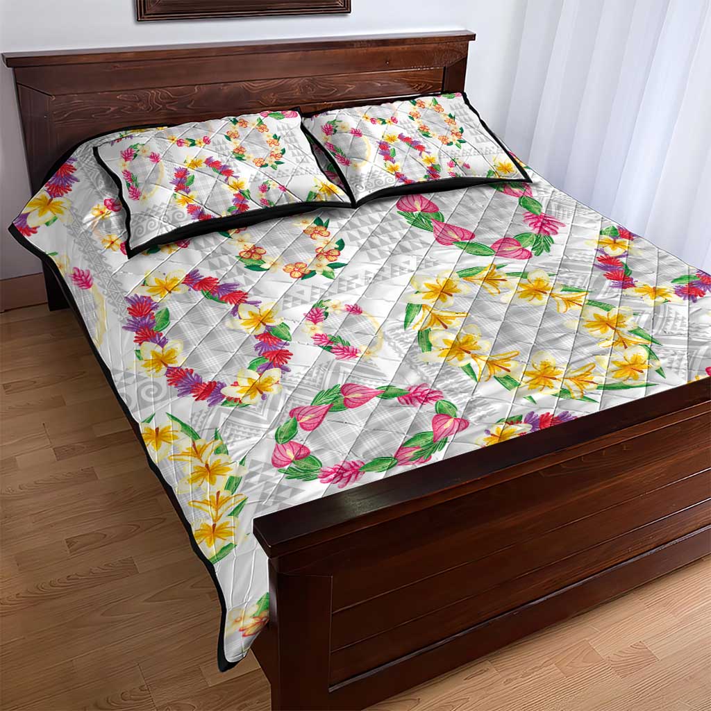 Hawaiian Kakau Tattoo Leis and Palaka Pattern Quilt Bed Set Traditional Aloha Tribal White Color LT03 - Polynesian Pride