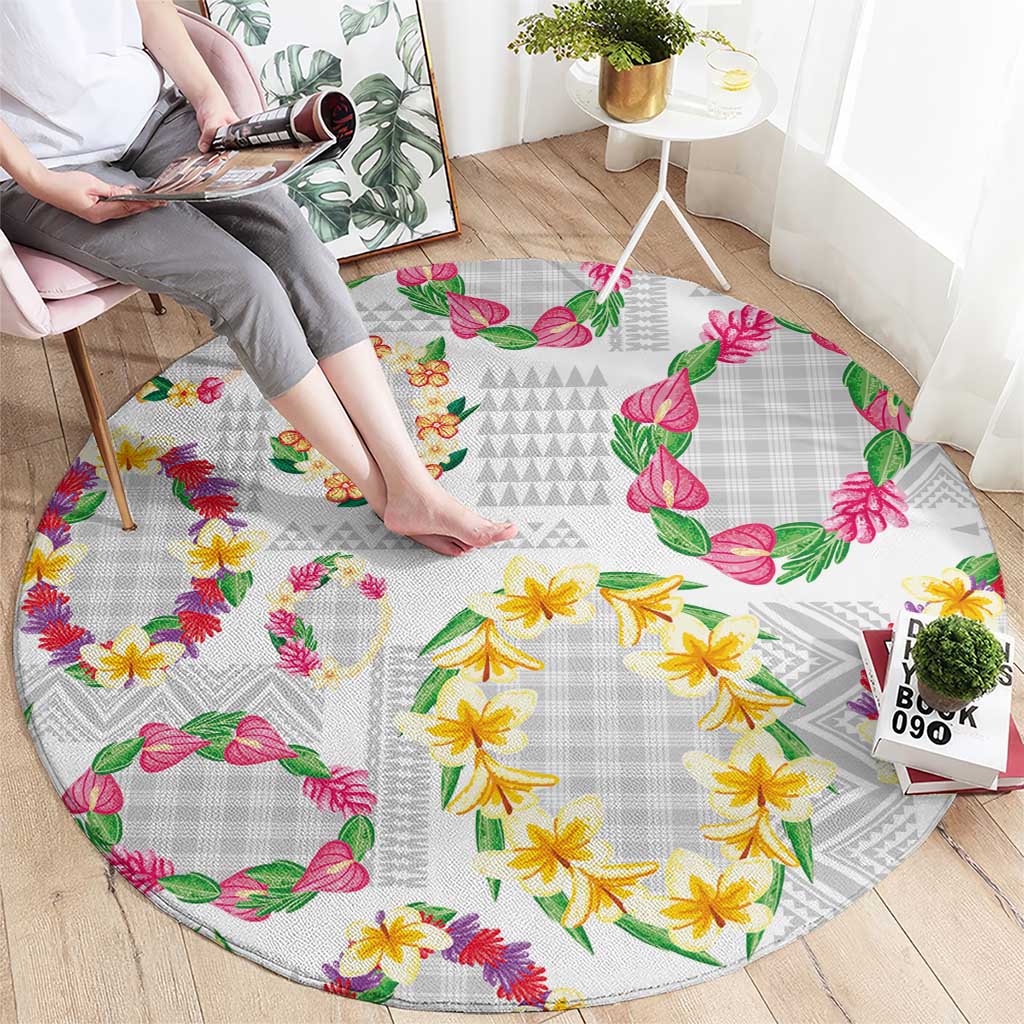 Hawaiian Kakau Tattoo Leis and Palaka Pattern Round Carpet Traditional Aloha Tribal White Color LT03 - Polynesian Pride