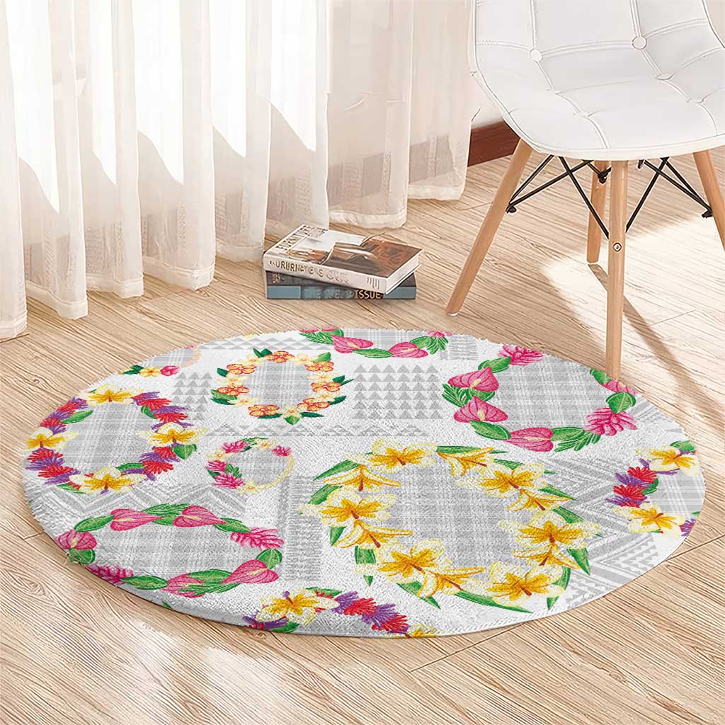 Hawaiian Kakau Tattoo Leis and Palaka Pattern Round Carpet Traditional Aloha Tribal White Color LT03 - Polynesian Pride