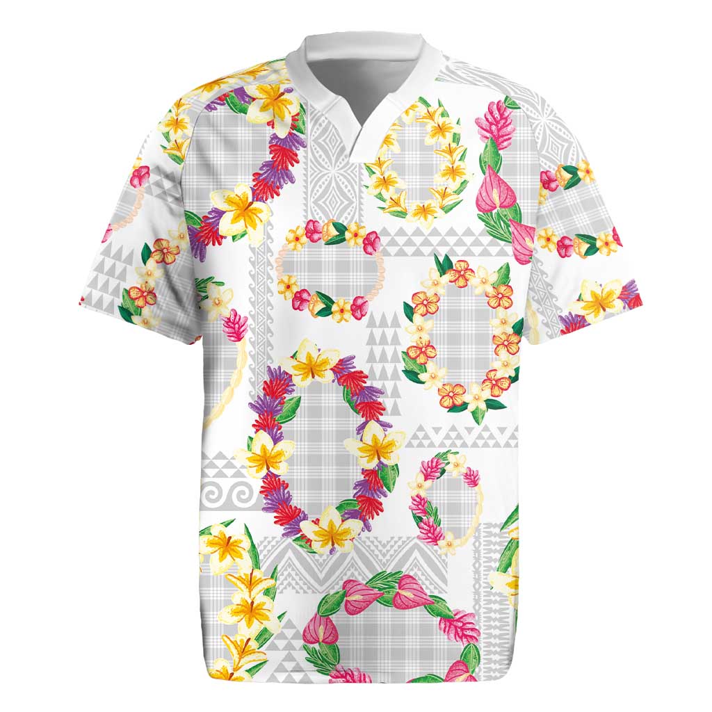 Hawaiian Kakau Tattoo Leis and Palaka Pattern Rugby Jersey Traditional Aloha Tribal White Color