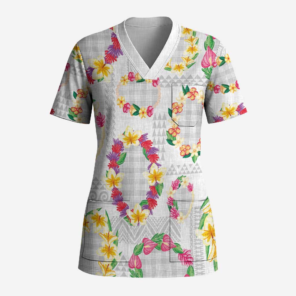 Hawaiian Kakau Tattoo Leis and Palaka Pattern Scrub Top Traditional Aloha Tribal White Color LT03 Adult White - Polynesian Pride