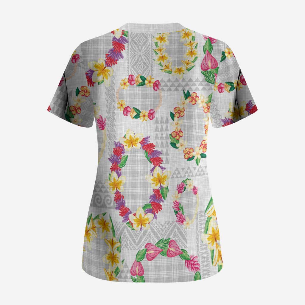 Hawaiian Kakau Tattoo Leis and Palaka Pattern Scrub Top Traditional Aloha Tribal White Color LT03 - Polynesian Pride