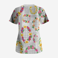 Hawaiian Kakau Tattoo Leis and Palaka Pattern Scrub Top Traditional Aloha Tribal White Color LT03 - Polynesian Pride