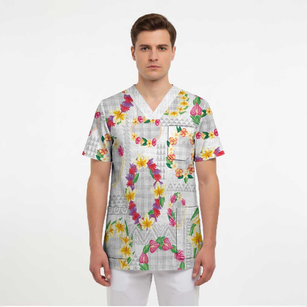Hawaiian Kakau Tattoo Leis and Palaka Pattern Scrub Top Traditional Aloha Tribal White Color LT03 - Polynesian Pride