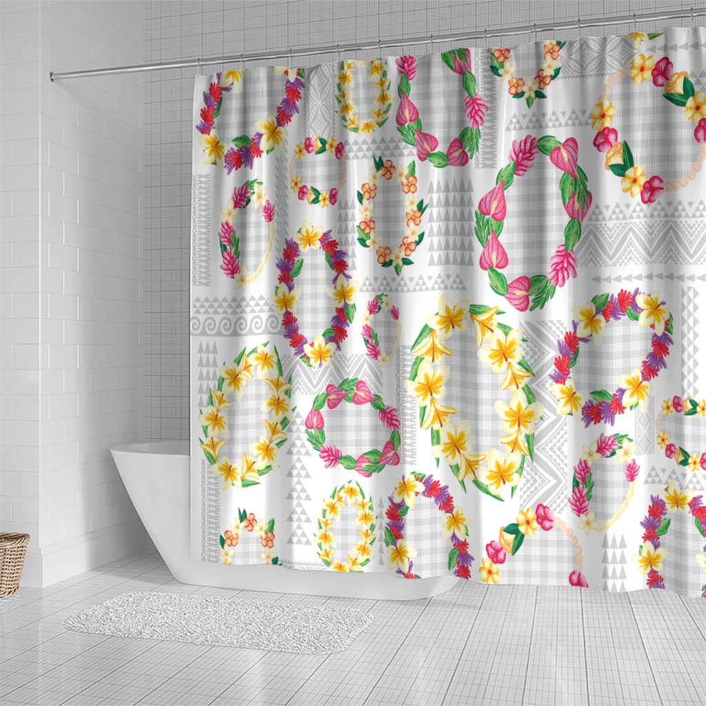 Hawaiian Kakau Tattoo Leis and Palaka Pattern Shower Curtain Traditional Aloha Tribal White Color LT03 - Polynesian Pride