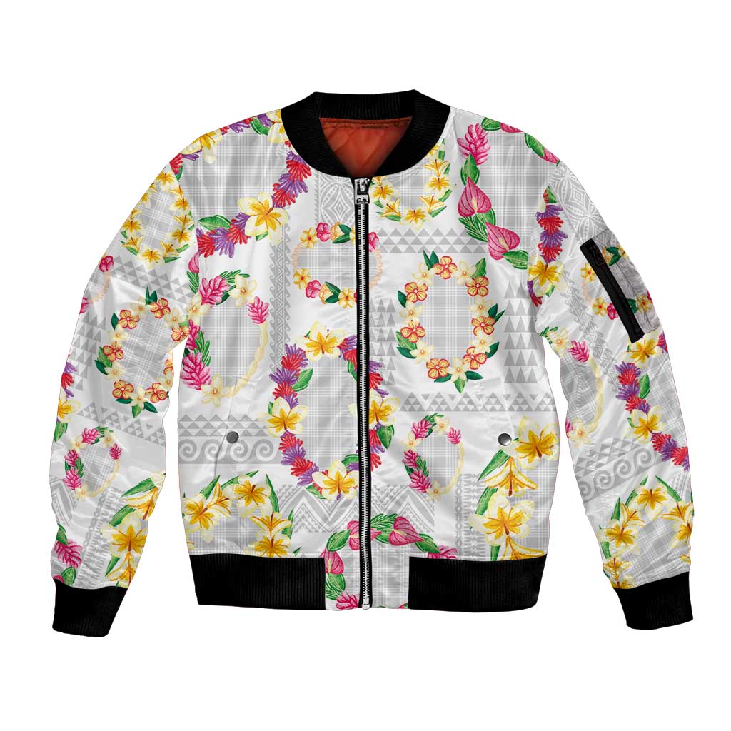 Hawaiian Kakau Tattoo Leis and Palaka Pattern Sleeve Zip Bomber Jacket Traditional Aloha Tribal White Color LT03 Unisex White - Polynesian Pride