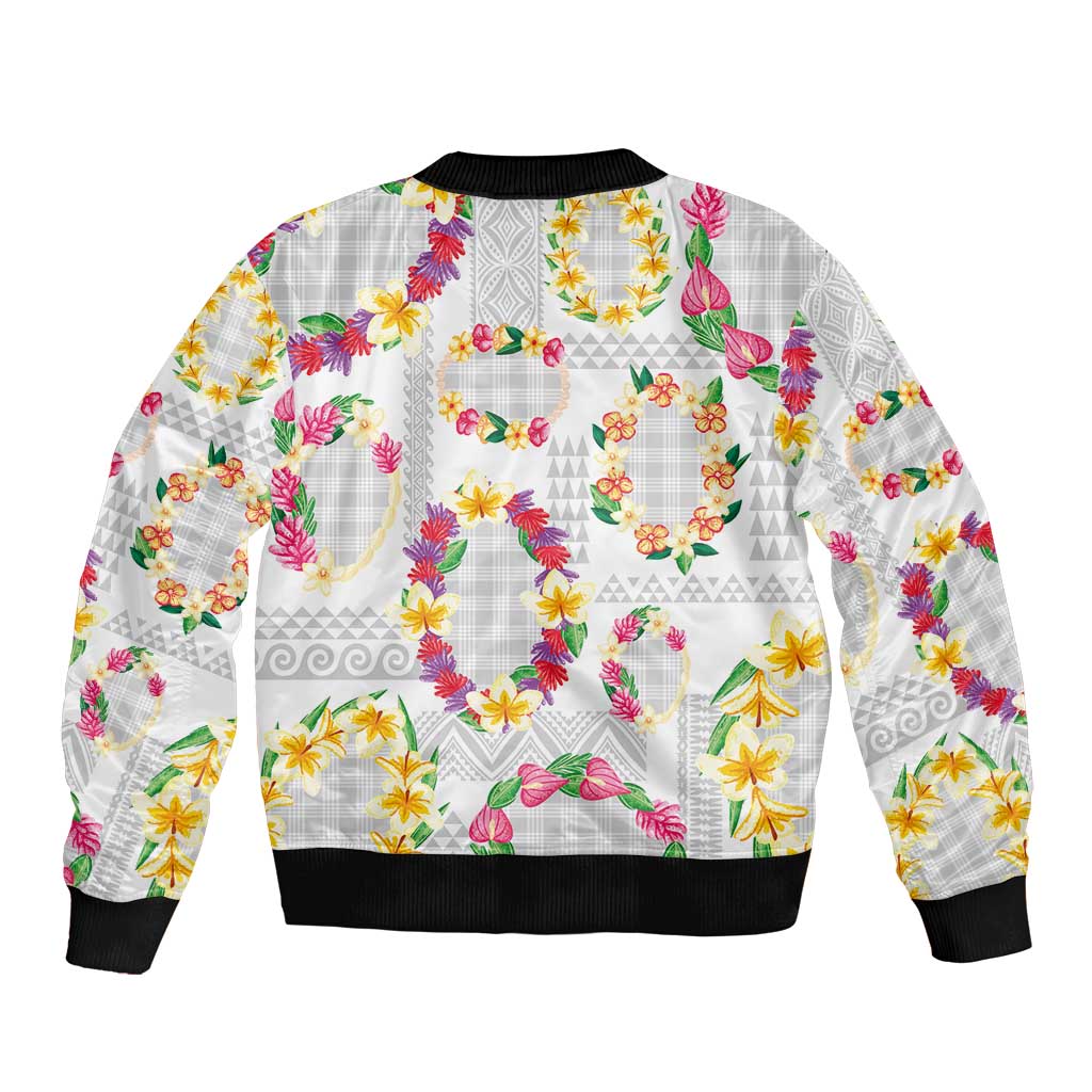 Hawaiian Kakau Tattoo Leis and Palaka Pattern Sleeve Zip Bomber Jacket Traditional Aloha Tribal White Color LT03 - Polynesian Pride