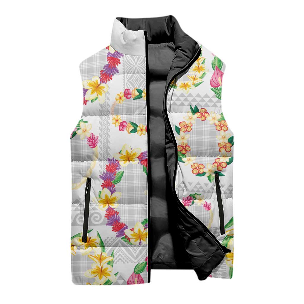 Hawaiian Kakau Tattoo Leis and Palaka Pattern Sleeveless Puffer Jacket Traditional Aloha Tribal White Color LT03 - Polynesian Pride