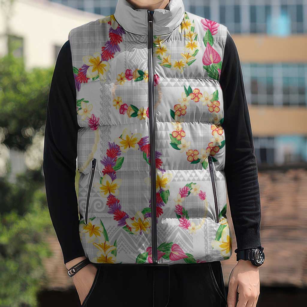 Hawaiian Kakau Tattoo Leis and Palaka Pattern Sleeveless Puffer Jacket Traditional Aloha Tribal White Color LT03 - Polynesian Pride
