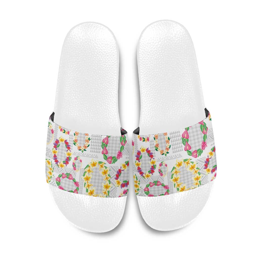 Hawaiian Kakau Tattoo Leis and Palaka Pattern Slide Sandals Traditional Aloha Tribal White Color LT03 White - Polynesian Pride