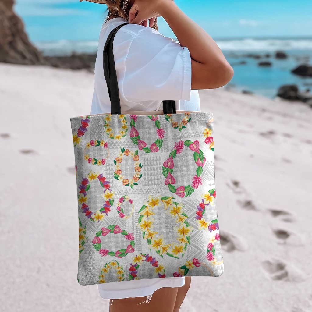Hawaiian Kakau Tattoo Leis and Palaka Pattern Tote Bag Traditional Aloha Tribal White Color