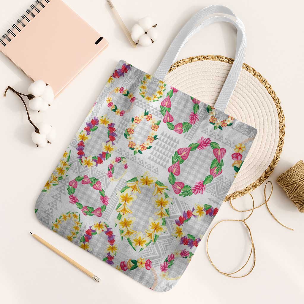 Hawaiian Kakau Tattoo Leis and Palaka Pattern Tote Bag Traditional Aloha Tribal White Color