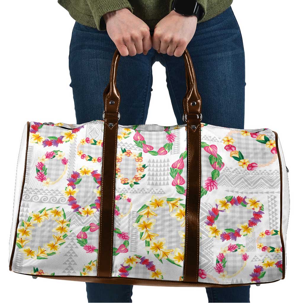 Hawaiian Kakau Tattoo Leis and Palaka Pattern Travel Bag Traditional Aloha Tribal White Color