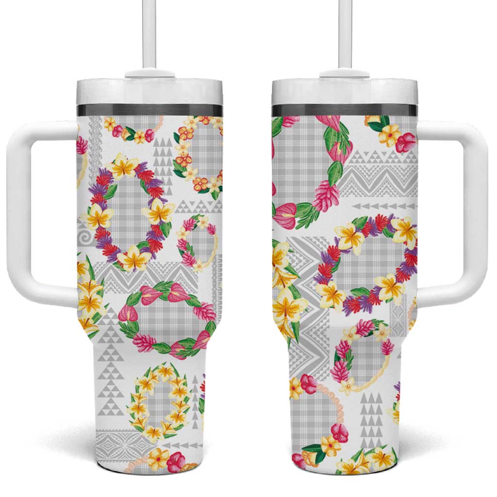 Hawaiian Kakau Tattoo Leis and Palaka Pattern Tumbler With Handle Traditional Aloha Tribal White Color