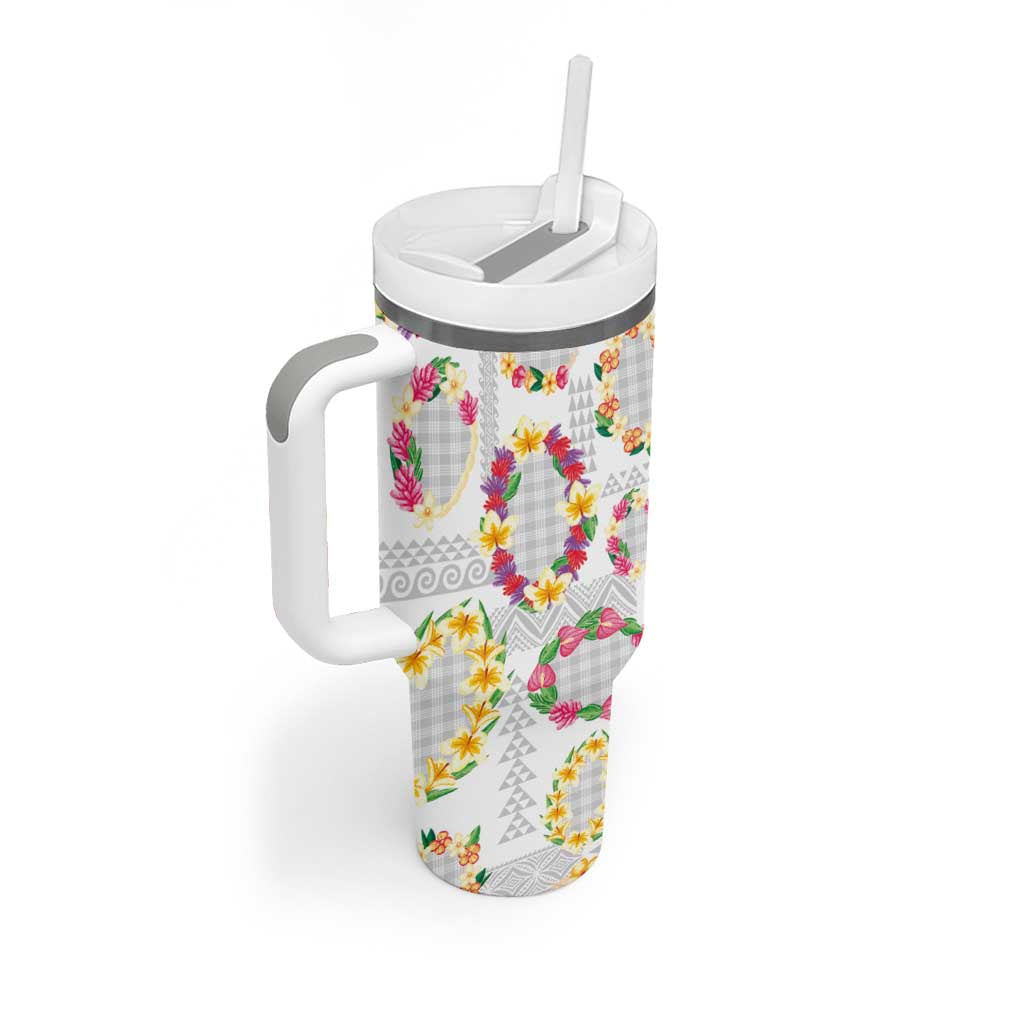 Hawaiian Kakau Tattoo Leis and Palaka Pattern Tumbler With Handle Traditional Aloha Tribal White Color