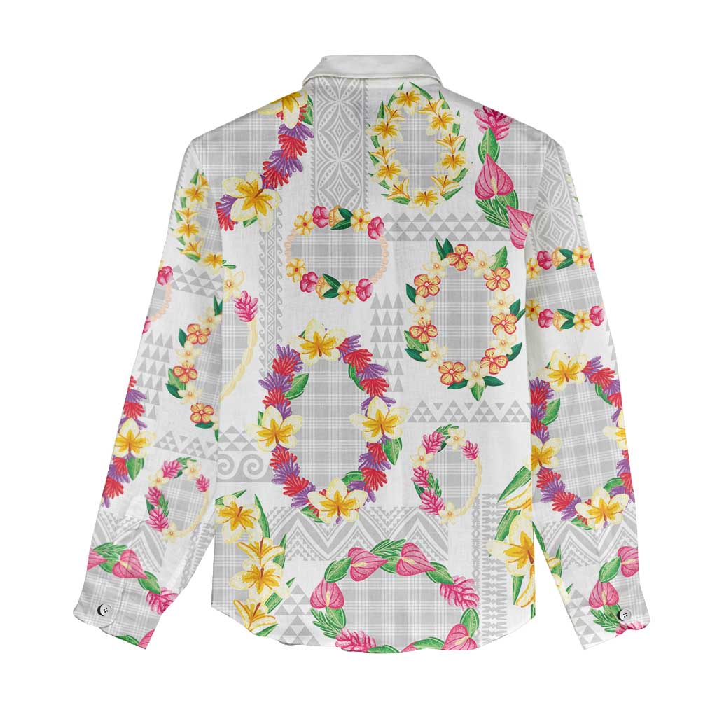 Hawaiian Kakau Tattoo Leis and Palaka Pattern Women Casual Shirt Traditional Aloha Tribal White Color