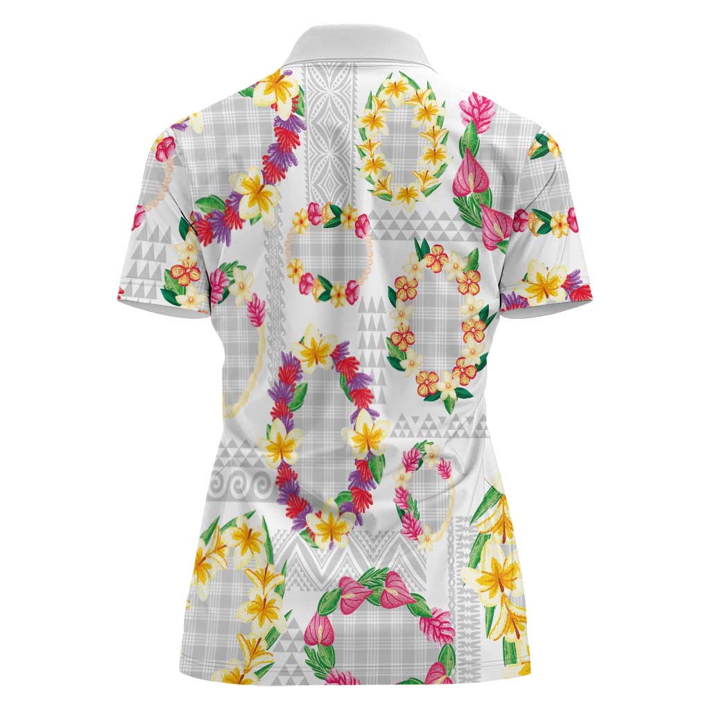Hawaiian Kakau Tattoo Leis and Palaka Pattern Women Polo Shirt Traditional Aloha Tribal White Color