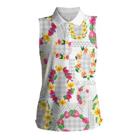 Hawaiian Kakau Tattoo Leis and Palaka Pattern Women Sleeveless Polo Shirt Traditional Aloha Tribal White Color