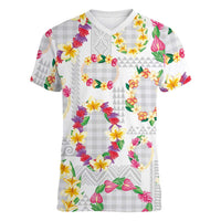 Hawaiian Kakau Tattoo Leis and Palaka Pattern Women V-Neck T-Shirt Traditional Aloha Tribal White Color