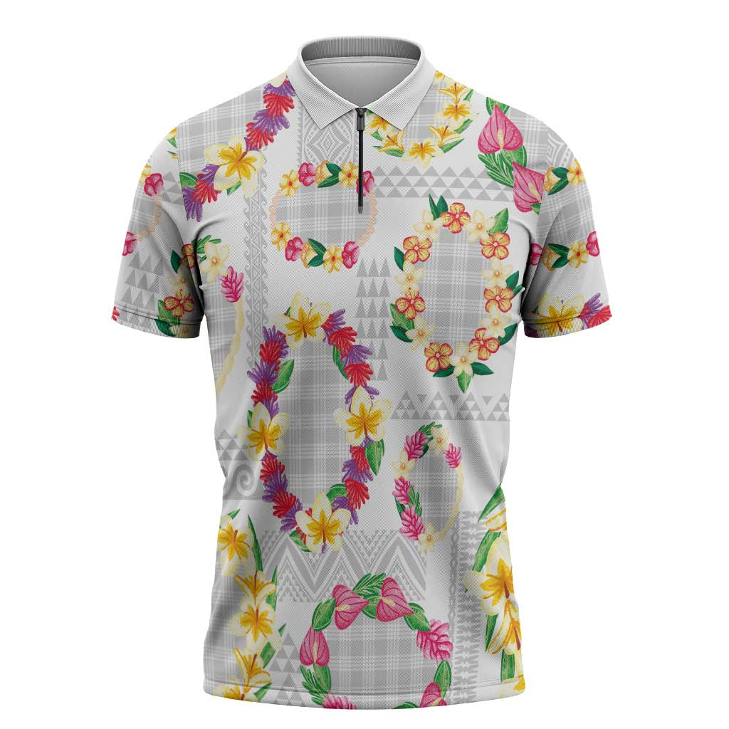 Hawaiian Kakau Tattoo Leis and Palaka Pattern Zipper Polo Shirt Traditional Aloha Tribal White Color