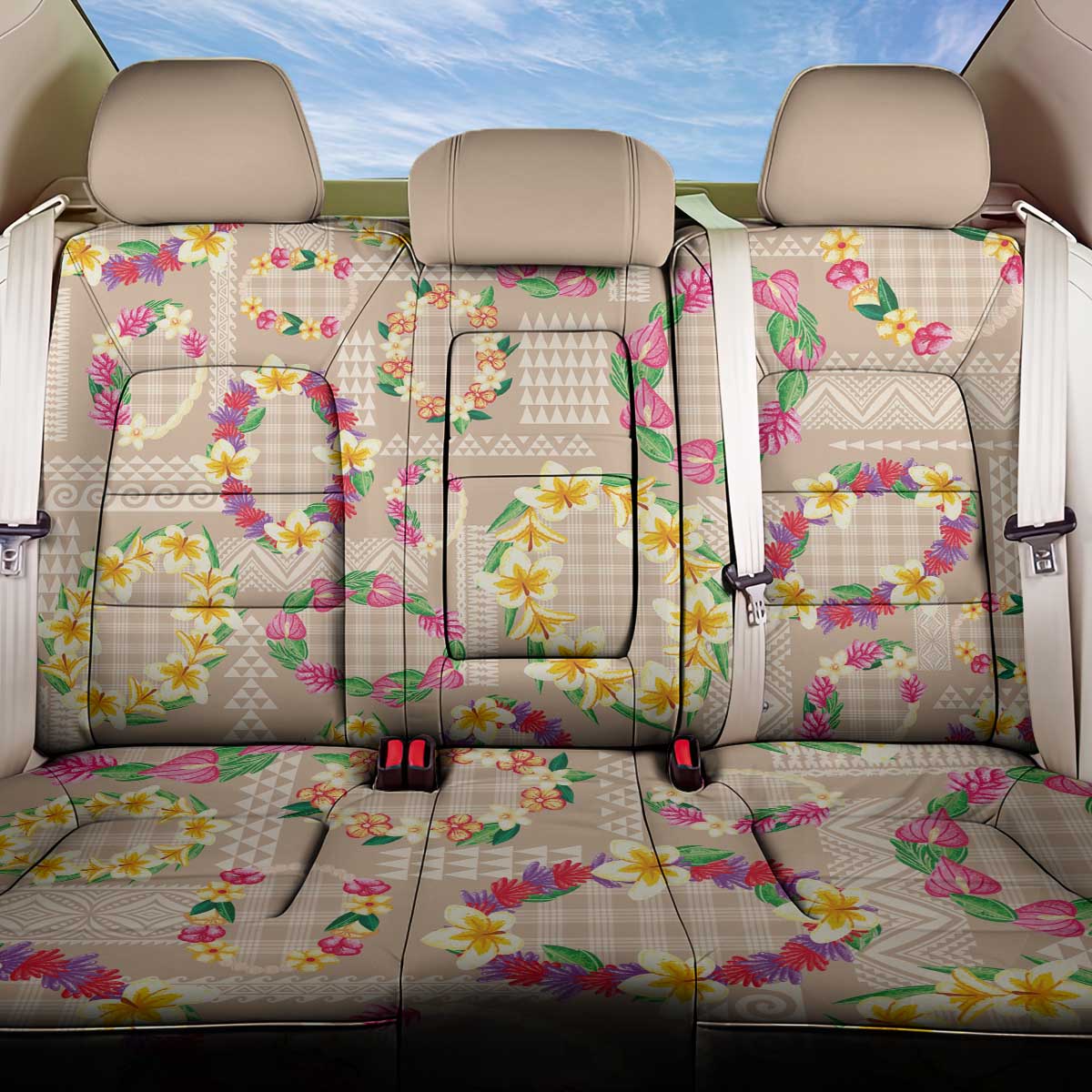 Hawaiian Kakau Tattoo Leis and Palaka Pattern Back Car Seat Cover Traditional Aloha Tribal Beige Color