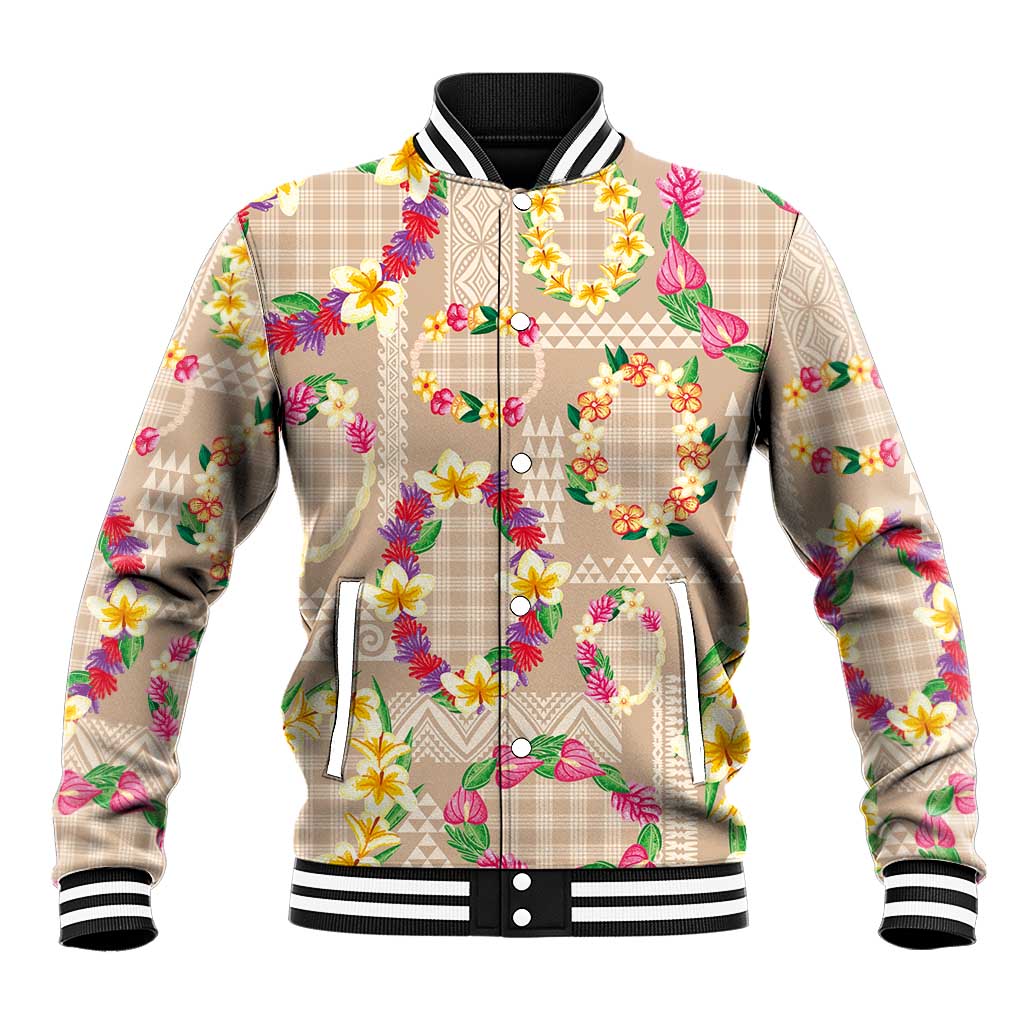Hawaiian Kakau Tattoo Leis and Palaka Pattern Baseball Jacket Traditional Aloha Tribal Beige Color LT03 Unisex Beige - Polynesian Pride