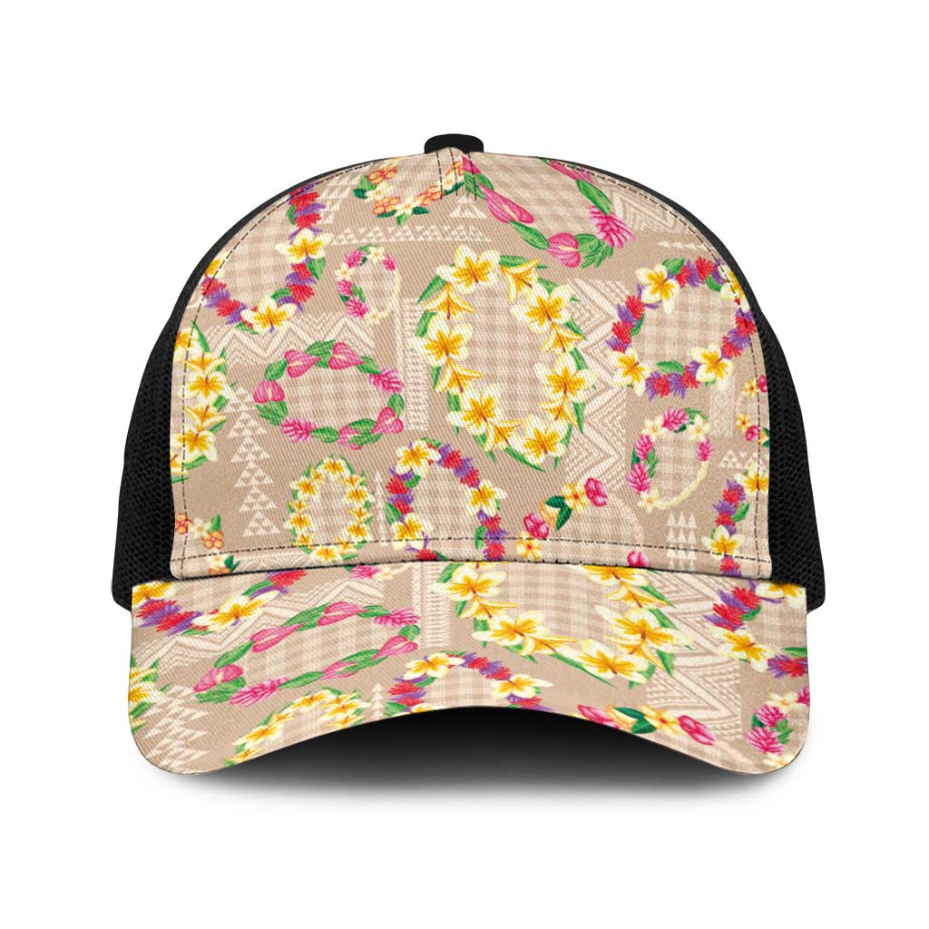Hawaiian Kakau Tattoo Leis and Palaka Pattern Baseball Net Cap Traditional Aloha Tribal Beige Color