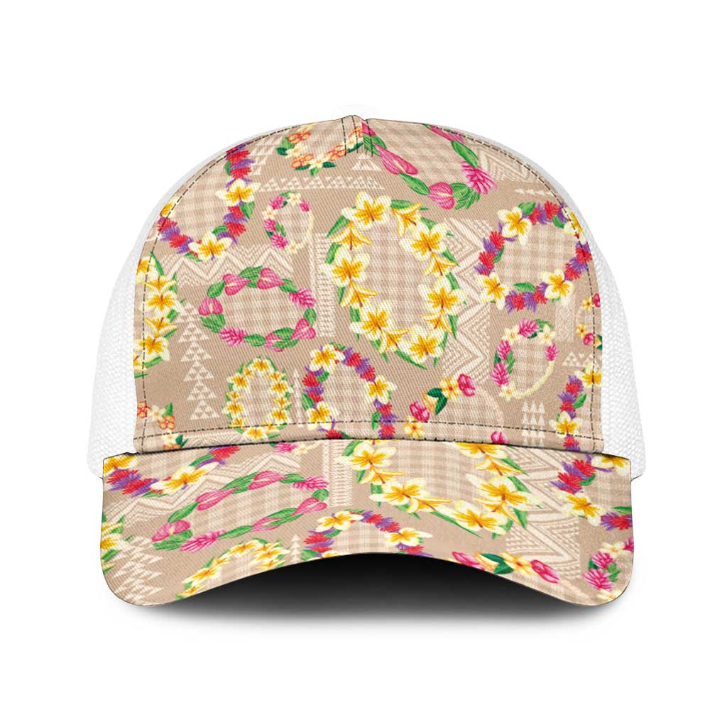 Hawaiian Kakau Tattoo Leis and Palaka Pattern Baseball Net Cap Traditional Aloha Tribal Beige Color