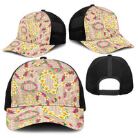 Hawaiian Kakau Tattoo Leis and Palaka Pattern Baseball Net Cap Traditional Aloha Tribal Beige Color