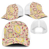 Hawaiian Kakau Tattoo Leis and Palaka Pattern Baseball Net Cap Traditional Aloha Tribal Beige Color