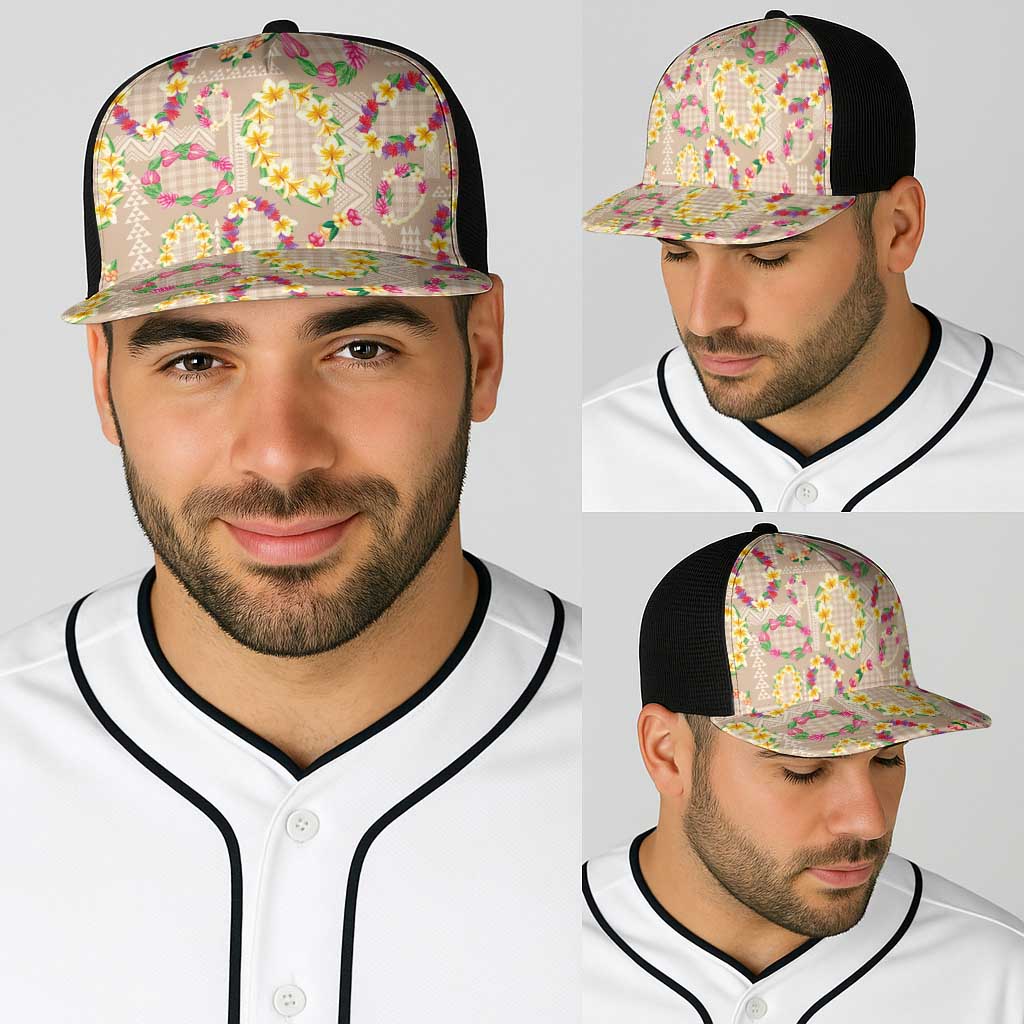 Hawaiian Kakau Tattoo Leis and Palaka Pattern Baseball Net Cap Traditional Aloha Tribal Beige Color