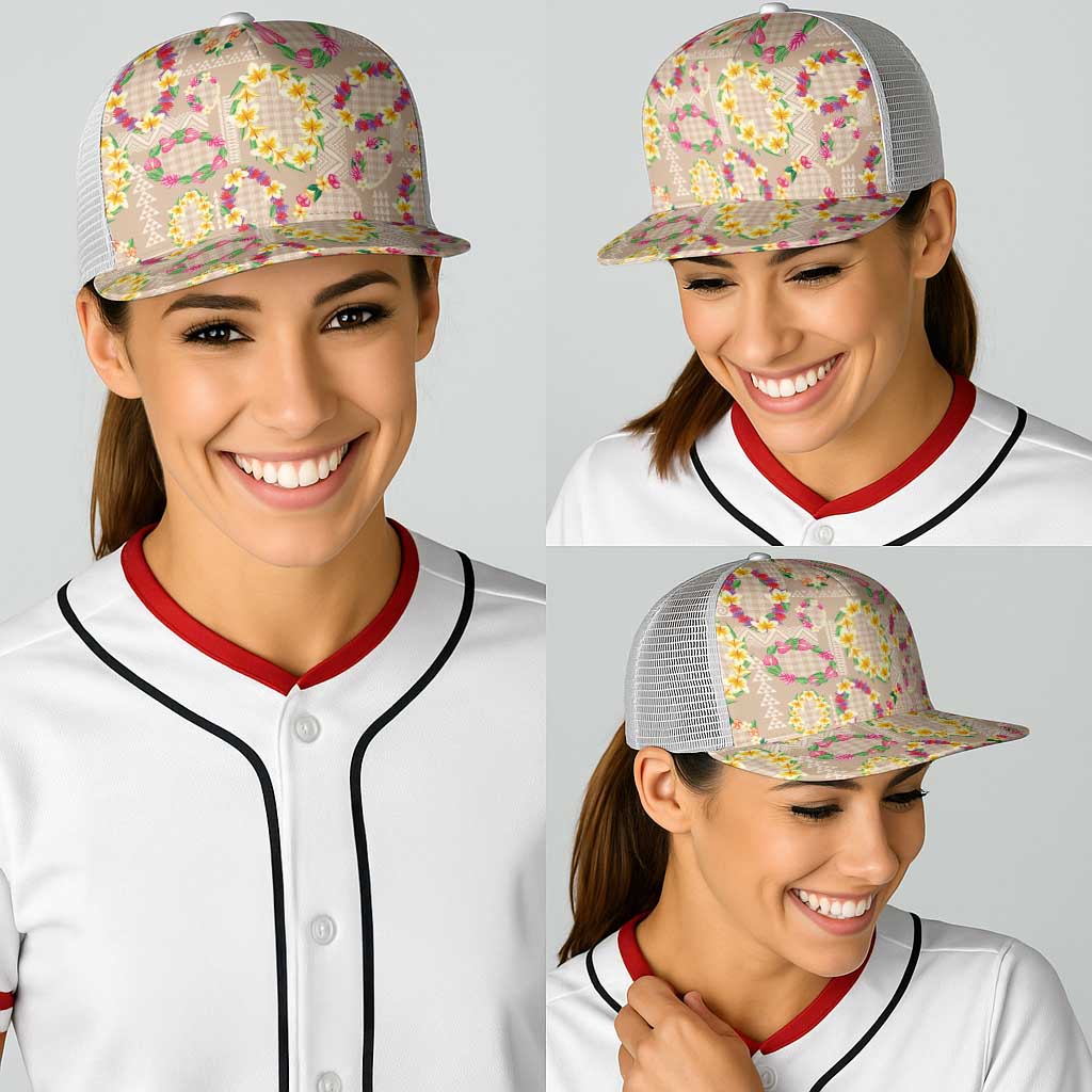 Hawaiian Kakau Tattoo Leis and Palaka Pattern Baseball Net Cap Traditional Aloha Tribal Beige Color