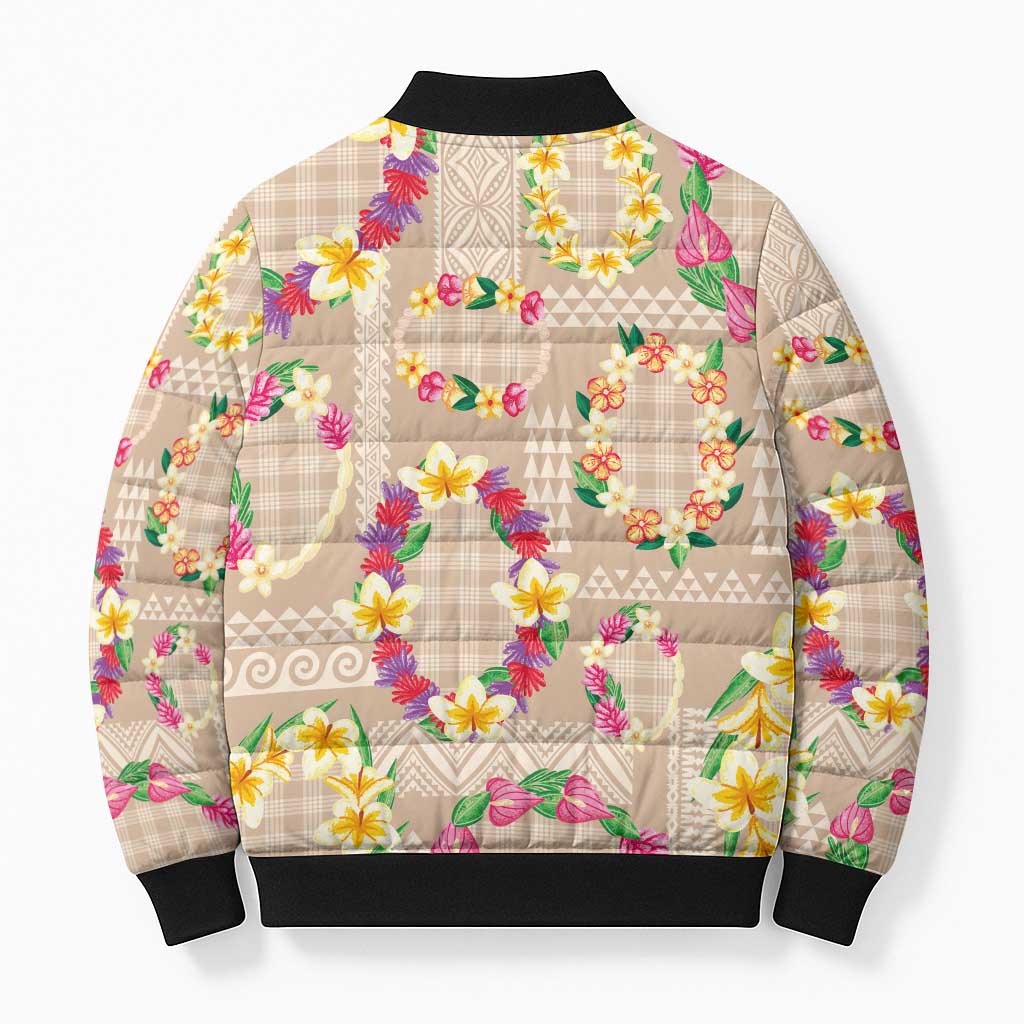 Hawaiian Kakau Tattoo Leis and Palaka Pattern Bomber Puffer Jacket Traditional Aloha Tribal Beige Color LT03 - Polynesian Pride