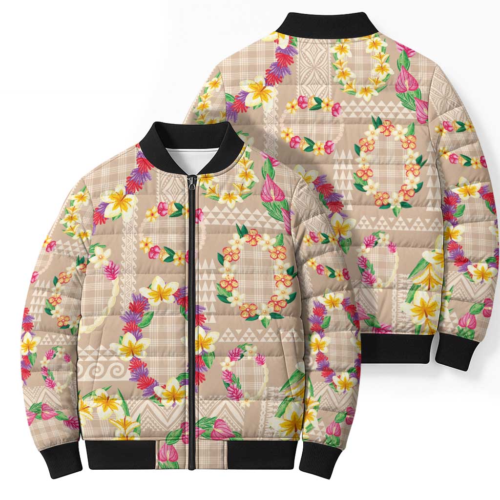 Hawaiian Kakau Tattoo Leis and Palaka Pattern Bomber Puffer Jacket Traditional Aloha Tribal Beige Color LT03 - Polynesian Pride
