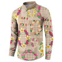 Hawaiian Kakau Tattoo Leis and Palaka Pattern Button Sweatshirt Traditional Aloha Tribal Beige Color LT03 - Polynesian Pride