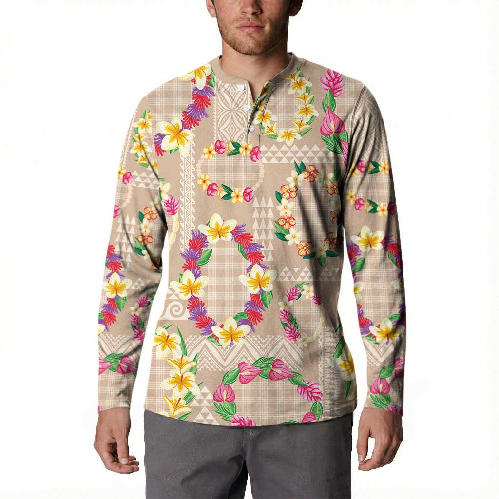 Hawaiian Kakau Tattoo Leis and Palaka Pattern Button Sweatshirt Traditional Aloha Tribal Beige Color LT03 - Polynesian Pride