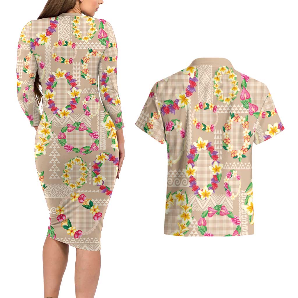 Hawaiian Kakau Tattoo Leis and Palaka Pattern Couples Matching Long Sleeve Bodycon Dress and Hawaiian Shirt Traditional Aloha Tribal Beige Color