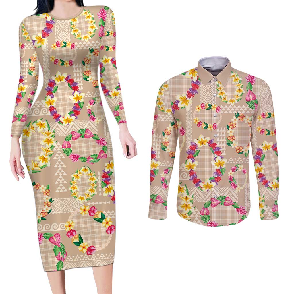 Hawaiian Kakau Tattoo Leis and Palaka Pattern Couples Matching Long Sleeve Bodycon Dress and Long Sleeve Button Shirt Traditional Aloha Tribal Beige Color