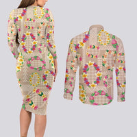 Hawaiian Kakau Tattoo Leis and Palaka Pattern Couples Matching Long Sleeve Bodycon Dress and Long Sleeve Button Shirt Traditional Aloha Tribal Beige Color
