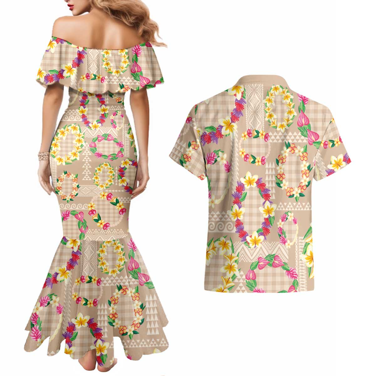 Hawaiian Kakau Tattoo Leis and Palaka Pattern Couples Matching Mermaid Dress and Hawaiian Shirt Traditional Aloha Tribal Beige Color