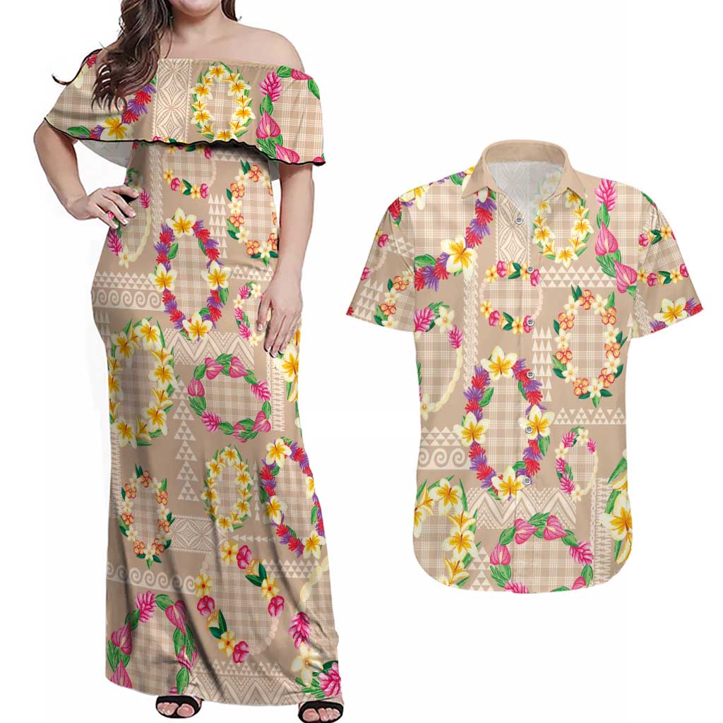 Hawaiian Kakau Tattoo Leis and Palaka Pattern Couples Matching Off Shoulder Maxi Dress and Hawaiian Shirt Traditional Aloha Tribal Beige Color